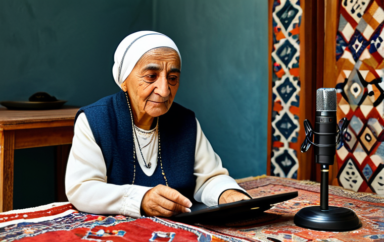 A serene, wise elderly Turkish storyteller, a woman, dressed in modest, traditional Anatolian attire, comfortably seated in a cozy, warmly lit room. She is gently holding a modern microphone, recording a podcast or video, with a tablet displaying a sound wave visible on a nearby table. The background features authentic Turkish decorative elements like a subtle kilim pattern and handcrafted ceramic pieces, blending ancient heritage with modern technology. Her expression is calm and engaging. Perfect anatomy, natural pose, correct proportions, well-formed hands, professional photography, high quality, safe for work, appropriate content, fully clothed, family-friendly.