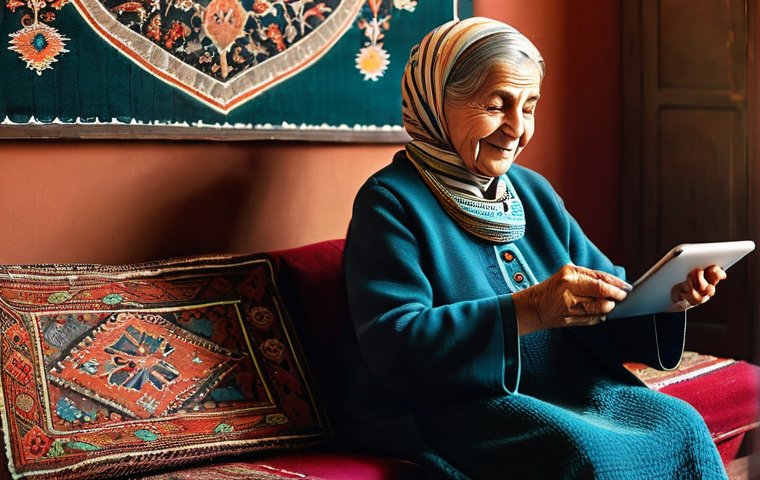 구전지식 기록법의 다양한 매체 활용 - **Prompt:** A cozy, warmly lit scene inside a traditional Turkish living room. An elderly Turkish gr...