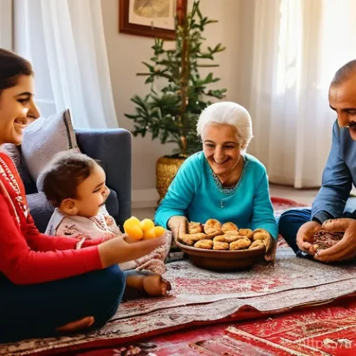 Home 23 구전지식 기록법의 인터뷰 기법 - **A joyful multi-generational Turkish family celebrating Bayram (Eid) in their cozy, well-decorated ...