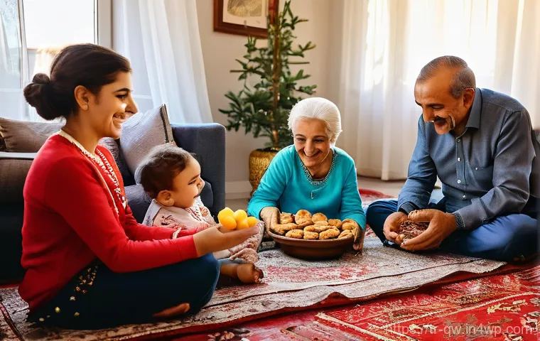 구전지식 기록법의 인터뷰 기법 - **A joyful multi-generational Turkish family celebrating Bayram (Eid) in their cozy, well-decorated ...